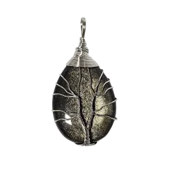 Pendentif goutte en Obsidienne Dorée et Arbre de vie | Protection - Ancrage