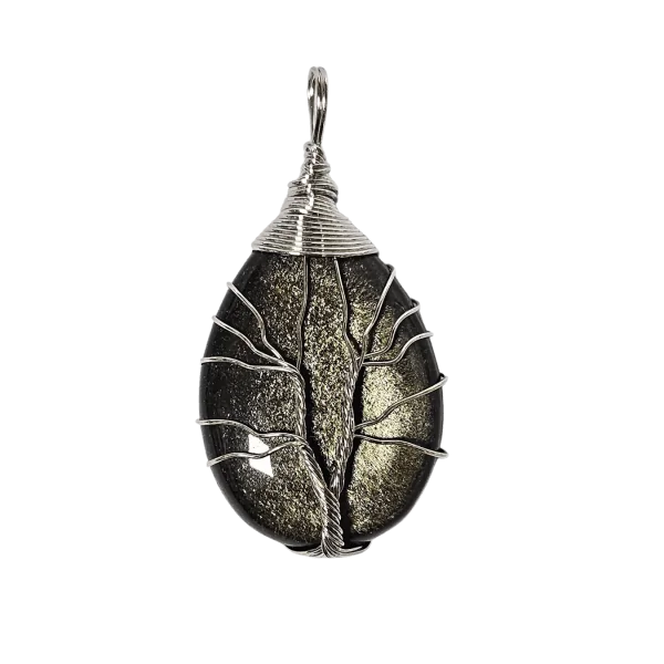 Pendentif goutte en Obsidienne Dorée et Arbre de vie | Protection - Ancrage