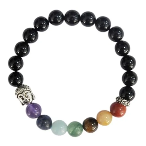Bracelet 7 Chakras Onyx noir Perles rondes 8 mm 
