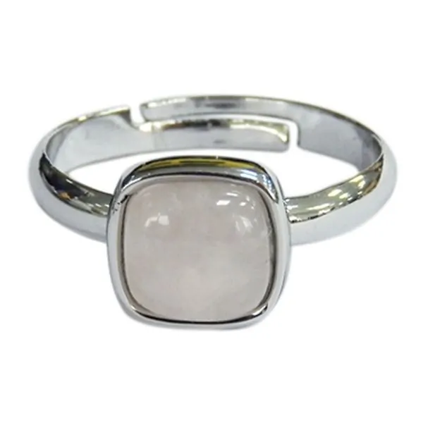 Bague Quartz Rose Carrée Bombée Métal argenté Ajustable 