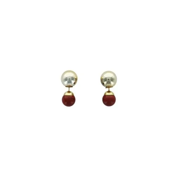 Boucles d'oreilles Jaspe Rouge Boules Réversibles Métal Doré 