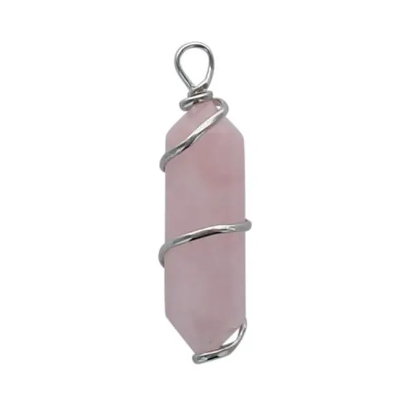 Pendentif en Quartz Rose Pointe Biterminée et Spirale en Métal Argenté
