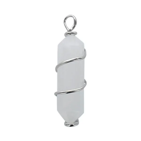 Pendentif en Cristal de Roche Pointe Biterminée et Spirale en Métal Argenté