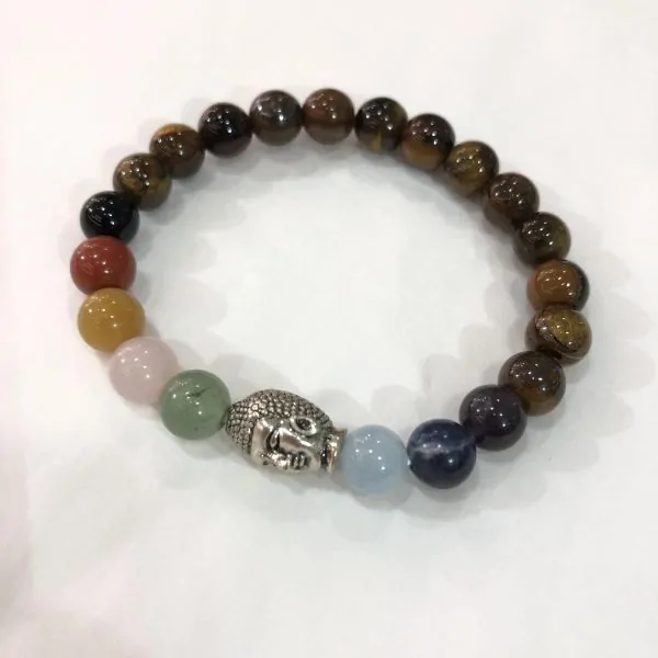 Bracelet en Oeil de tigre, 7 Chakras, perles rondes de 8 mm | Dans les Yeux de Gaia