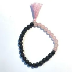 Bracelet Quartz Rose & Pierre de Lave Perles rondes 6mm Pompon