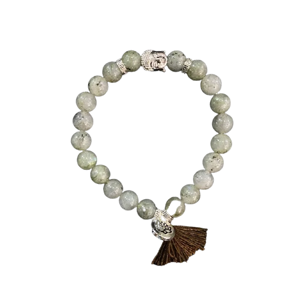 Bracelet Labradorite Perles rondes 8 mm Pompon et Lotus | Dans les yeux de Gaïa