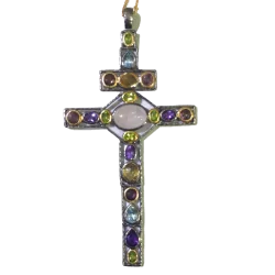 Pendentif Croix en Quartz rose, péridot, améthyste, aigue-marine, citrine