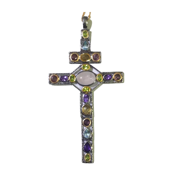 Pendentif Croix en Quartz rose, péridot, améthyste, aigue-marine, citrine