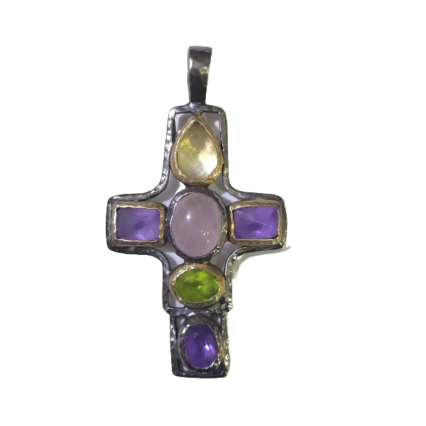 Pendentif Croix en Quartz rose, péridot, améthyste, citrine | Minéraux