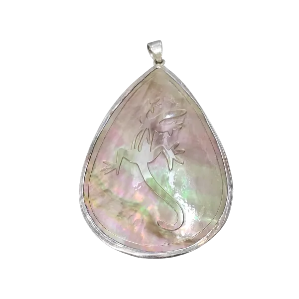 Pendentif Salamandre en argent et nacre -1| Pendentifs en Minéraux | Dans les yeux de Gaïa