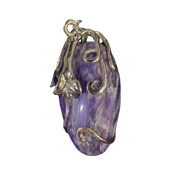 Pendentif Charoïte sertie sur métal argenté | Dans les yeux de Gaïa