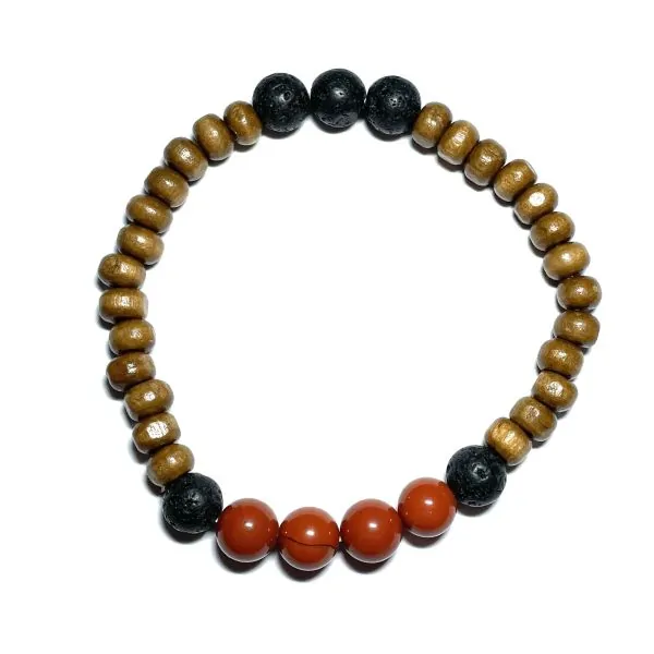 Bracelet homme en bois avec jaspe rouge et pierre de lave 1 - Lithothérapie |Dans les Yeux de Gaïa