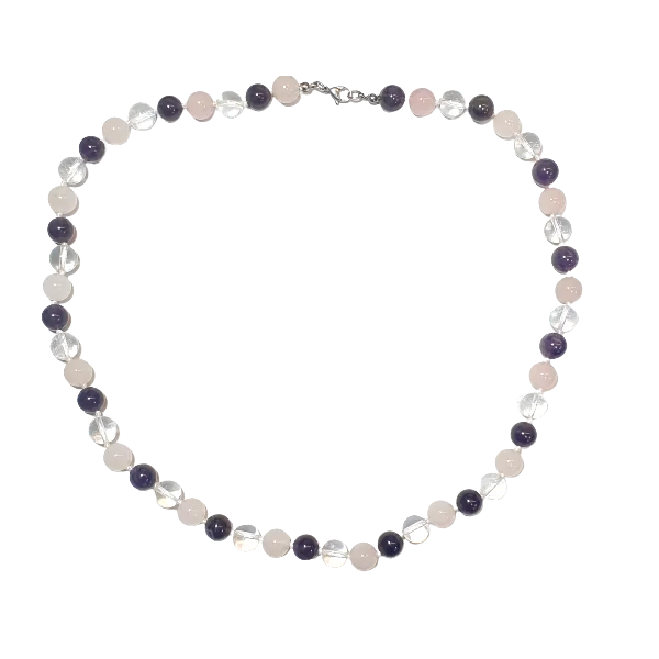 Collier Cristal de Roche - Améthyste - Quartz Rose Perles 10mm - fermé | Dans les yeux de Gaïa