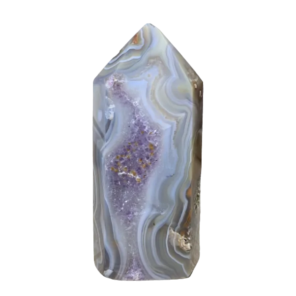 Pointe de Calcédoine polie avec inclusions d'Améthyste |Dans les Yeux de Gaïa